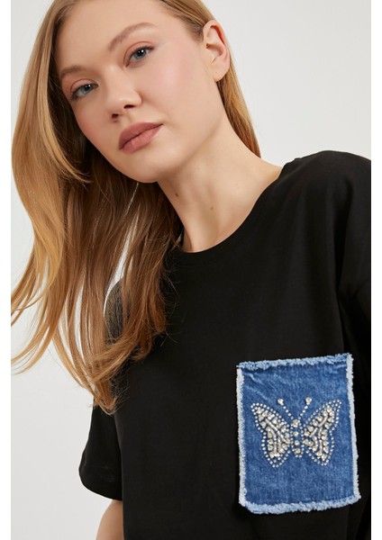 Armalıfe 1305 Kelebek Taş Kot Cep Detaylı Bis Yaka Kadın T-Shırt