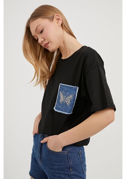 Armalıfe 1305 Kelebek Taş Kot Cep Detaylı Bis Yaka Kadın T-Shırt fiyatları