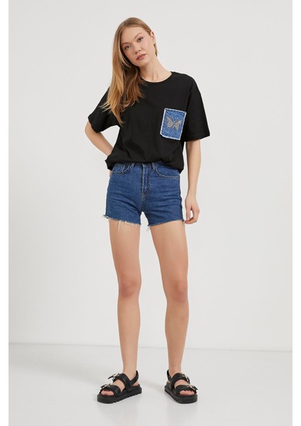 Armalıfe 1305 Kelebek Taş Kot Cep Detaylı Bis Yaka Kadın T-Shırt modelleri