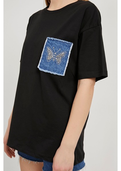 Armalıfe 1305 Kelebek Taş Kot Cep Detaylı Bis Yaka Kadın T-Shırt fırsatları