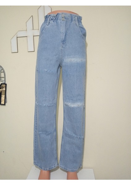 Lastik Belli Yüksek Bel Geniş Paça Kot Pantolon