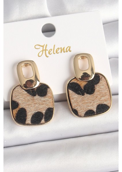 Heyf Pirinç Gold Renk Sallantı Kare Leopar Model Kadın Küpe