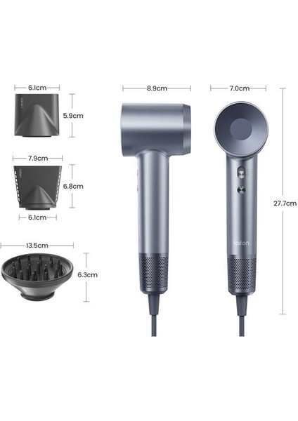 Laıfen Swift Gümüş/ Mavi 1600W 3 Başlıklı Yüksek Hızlı Saç Kurutma Makinesi