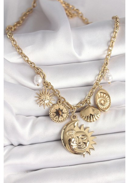 Heyf 316L Çelik Gold Renk Ay Güneş Figür Deniz Kabuğu Detay Kadın Kolye