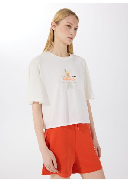 D5SL-TST3508 Beyaz Bisiklet Yaka Relaxed Baskılı Kadın T-Shirt