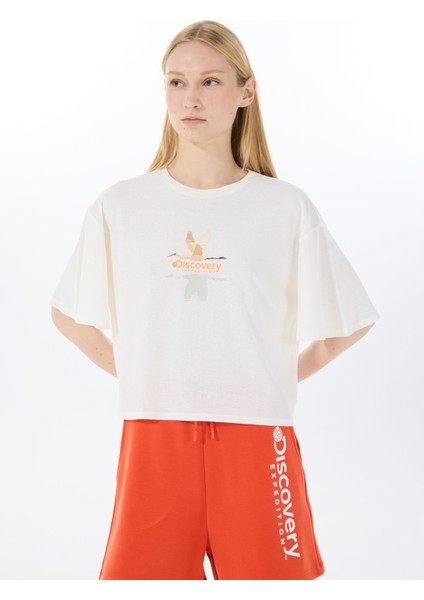 D5SL-TST3508 Beyaz Bisiklet Yaka Relaxed Baskılı Kadın T-Shirt modelleri