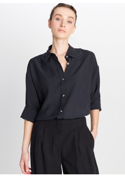 Loose Fit Gömlek Yaka Siyah Kadın Gömlek W2510769001-RELAXED Fit Gömlek modelleri