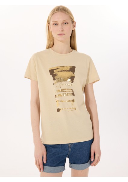 Yuvarlak Yaka Baskılı Bej Kadın T-Shirt L5SL-TST5813