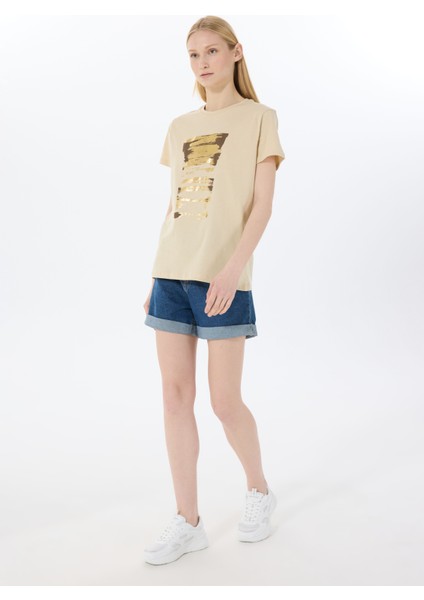 Yuvarlak Yaka Baskılı Bej Kadın T-Shirt L5SL-TST5813 fiyatları