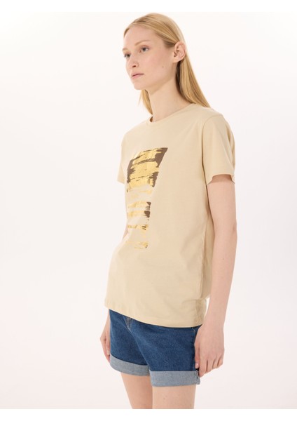 Yuvarlak Yaka Baskılı Bej Kadın T-Shirt L5SL-TST5813 modelleri