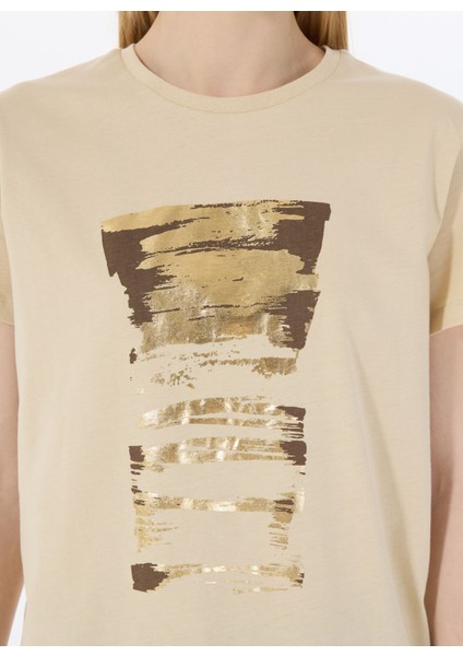 Yuvarlak Yaka Baskılı Bej Kadın T-Shirt L5SL-TST5813 fırsatları