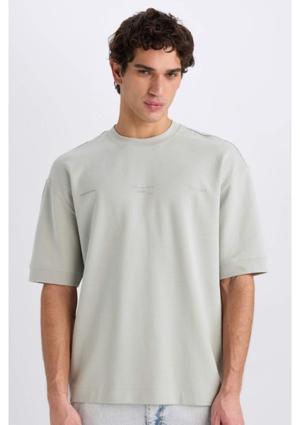 Loose Fit Bisiklet Yaka Baskılı Kısa Kollu Ağır Kumaş Tişört E0575AX25SM