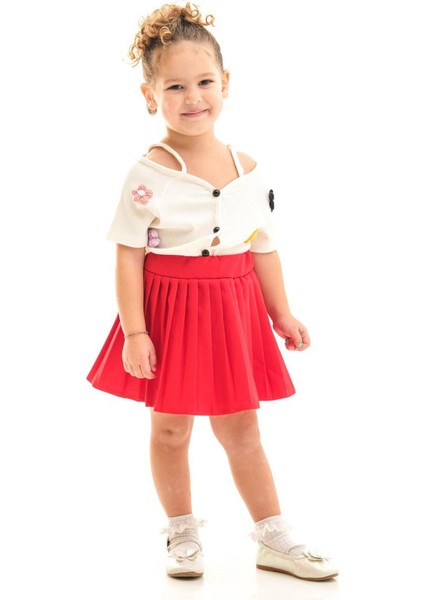 Örgü Çiçek Detaylı Pileli Etekli Kız Çocuk 2 li takım - Kırmızı