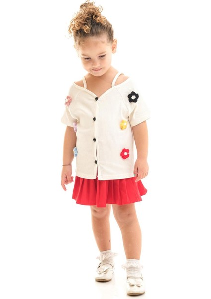 Örgü Çiçek Detaylı Pileli Etekli Kız Çocuk 2 li takım - Kırmızı fiyatları