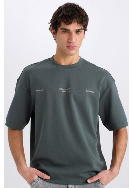 Loose Fit Bisiklet Yaka Baskılı Kısa Kollu Ağır Kumaş Tişört E0575AX25SM