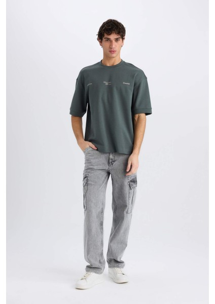 Loose Fit Bisiklet Yaka Baskılı Kısa Kollu Ağır Kumaş Tişört E0575AX25SM fiyatları