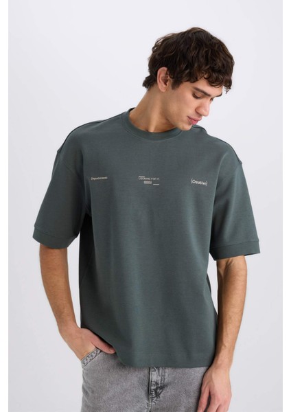 Loose Fit Bisiklet Yaka Baskılı Kısa Kollu Ağır Kumaş Tişört E0575AX25SM modelleri