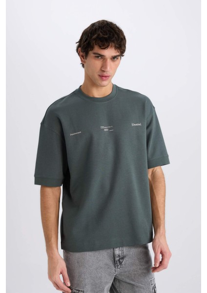 Loose Fit Bisiklet Yaka Baskılı Kısa Kollu Ağır Kumaş Tişört E0575AX25SM fırsatları