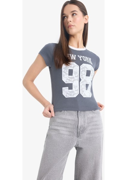 Coool Fitted Bisiklet Yaka Baskılı Ribana Kısa Kollu Tişört F1446AX25SP