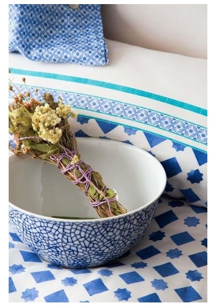 Terra Indigo Tencel Basklı Çift Kişilik Nevresim Takımı