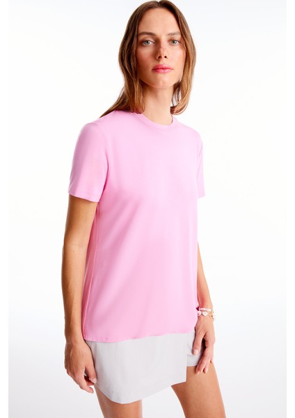 Chuns Pembe Renk Regular Fit Bisiklet Yaka Takma Kol Tişört fiyatları