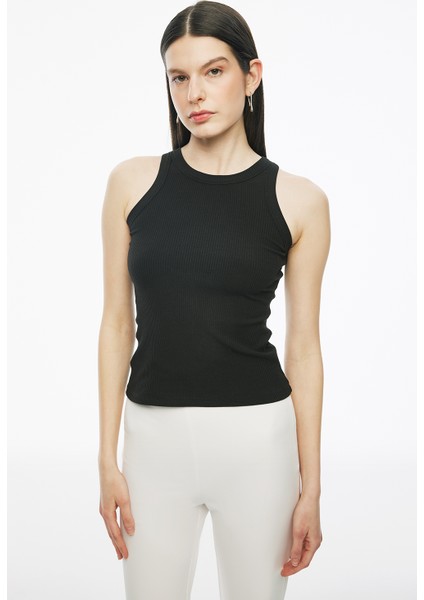 Siyah Daminas Slim Fit Bisiklet Yaka Sıfır Kol Bluz