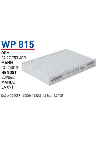WP815 Oem 272775340R Dacıa Dokker-Lodgy 1,5 Dci -1,6 16V-1,2 Tce Polen Filtre