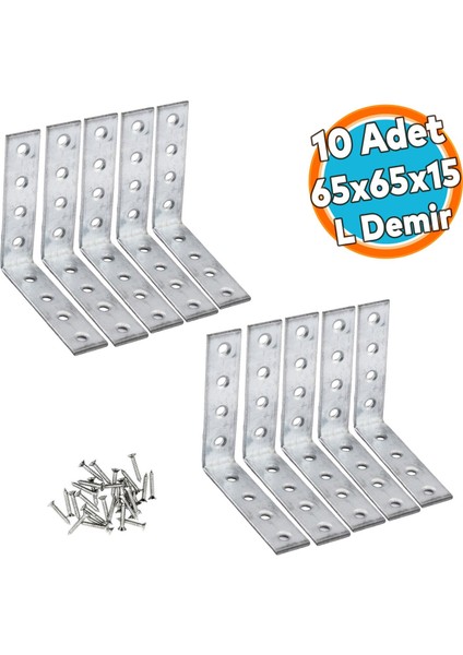 (10 Adet) Mobilya Eşya Dolap Duvara Sabitleme Köşebent Bağlantı Aparatı L Demiri Gönye 65X65X15 mm