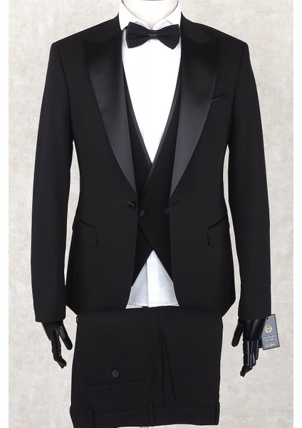 Slim Fit Saten Sivri Yaka-Çift Yırtmaç Siyah Drop 6 Damatlık Smokin - Full Set Yelek, Gömlek, Papyon fiyatları
