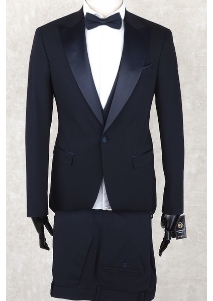 Slim Fit Saten Sivri Yaka-Çift Yırtmaç Lacivert Drop 6 Damatlık Smokin - Full Set Yelek, Gömlek, Papyon