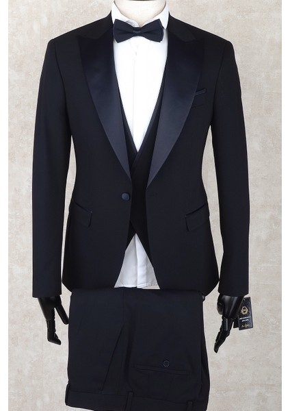 Slim Fit Saten Sivri Yaka-Çift Yırtmaç Lacivert Drop 6 Damatlık Smokin - Full Set Yelek, Gömlek, Papyon fiyatları