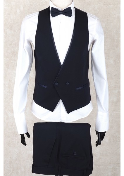 Slim Fit Saten Sivri Yaka-Çift Yırtmaç Lacivert Drop 6 Damatlık Smokin - Full Set Yelek, Gömlek, Papyon modelleri