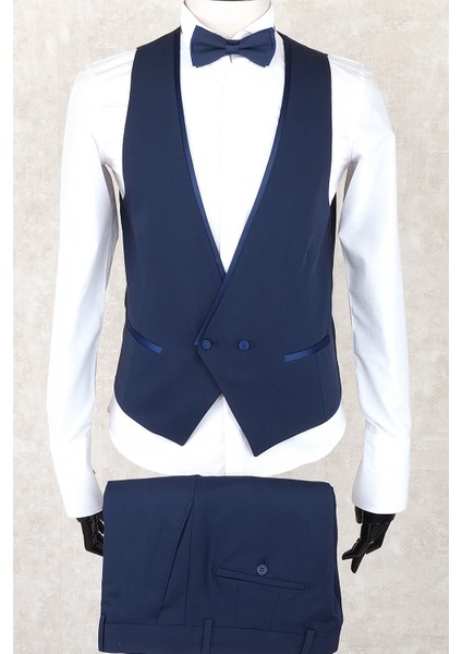 Slim Fit Saten Sivri Yaka-Çift Yırtmaç Parlement Drop 6 Damatlık Smokin - Full Set Yelek, Gömlek, Papyon