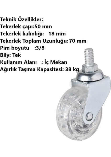 Adilon 50X20'LIK Şeffaf, Makaralı Vidalı, 360 Derece Döner Teker 4 Adet