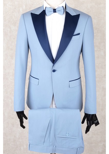 Slim Fit Saten Sivri Yaka-Çift Yırtmaç Buz Mavisi Drop 6 Damatlık Smokin - Full Set Yelek, Gömlek, Papyon