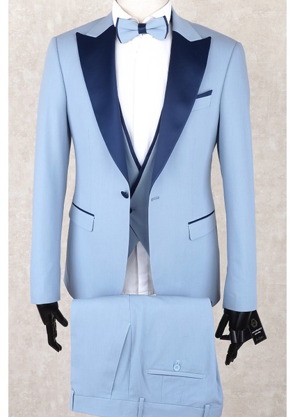 Slim Fit Saten Sivri Yaka-Çift Yırtmaç Buz Mavisi Drop 6 Damatlık Smokin - Full Set Yelek, Gömlek, Papyon fiyatları