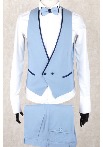 Slim Fit Saten Sivri Yaka-Çift Yırtmaç Buz Mavisi Drop 6 Damatlık Smokin - Full Set Yelek, Gömlek, Papyon modelleri