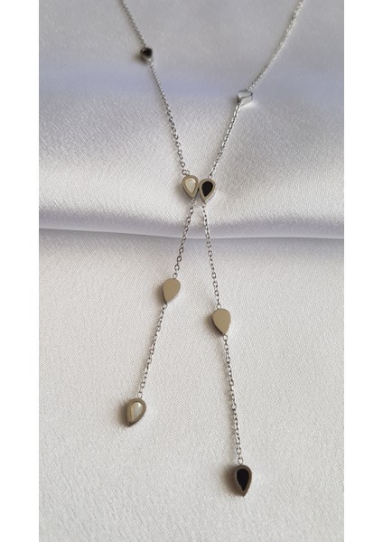Siyah Beyaz Mineli Damla Kesim Çelik Kolye