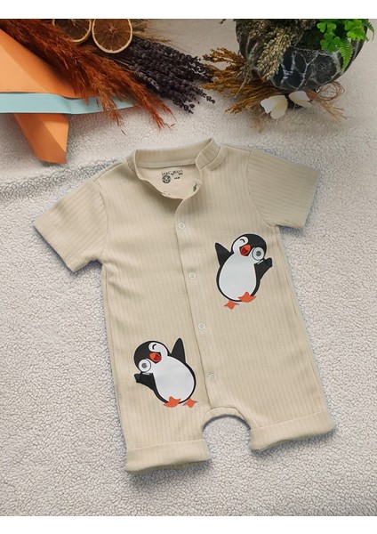 Penguen Desenli Kısa Kollu Şort Tulum / Bebek Zıbın / Çocuk Zıbı