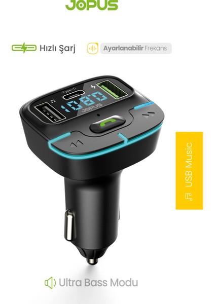 Jops F9 Araç Fm Transmitter 5.3 Bluetooth Araç Kiti USB Type-C 18W Hızlı Şarj Çıkışlı Çakmaklık Girişli