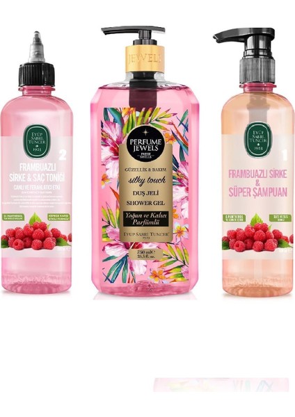 Frambuazlı Saç Toniği 500 ml Süper Şampuan 500 ml Duş Jeli Sılky Touch 750 ml