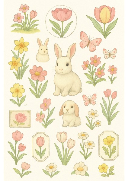 Orman Masalı Ilkbahar Sticker Seti - Kedi, Tavşan ve Sincap Bahar Çıkartmaları - 3 Sayfa