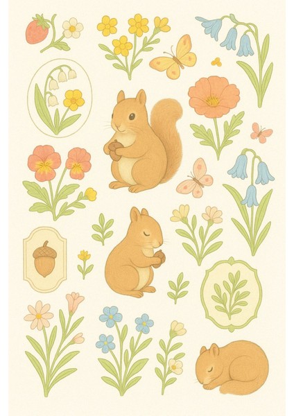 Orman Masalı Ilkbahar Sticker Seti - Kedi, Tavşan ve Sincap Bahar Çıkartmaları - 3 Sayfa modelleri