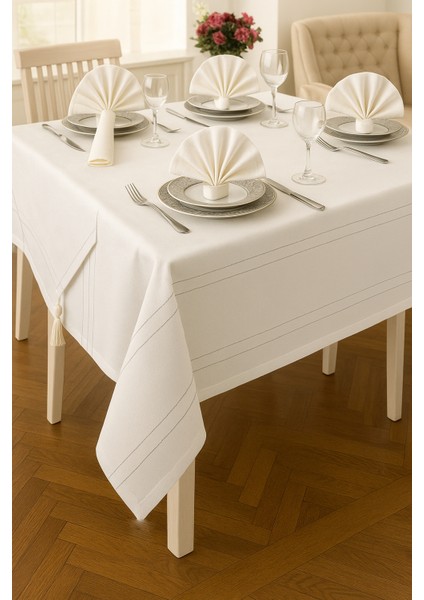 Zer-I Sofra 12 Kişilik Yemek Seti Krem Renk 26 Parça 1 Adet 160 x 220 cm Masaörtüsü 1 Runner 12 Peçete