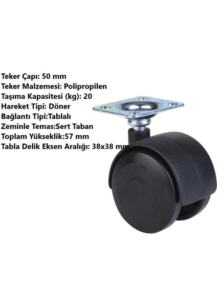 Adilon Ofis Koltuk Dolap 360 Derece Döner Tablalı Plastik Tekerlek - 50 mm Çap