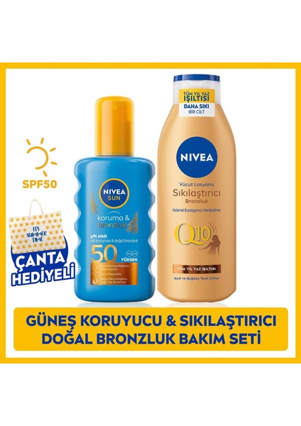 Nıvea Koruma & Bronzluk Sağlayan Güneş Spreyi SPF50+ 200ml + Nıvea Sıkılaştırıcı Doğal Bronzluk Sağlayan Vücut Losyonu 200 ml