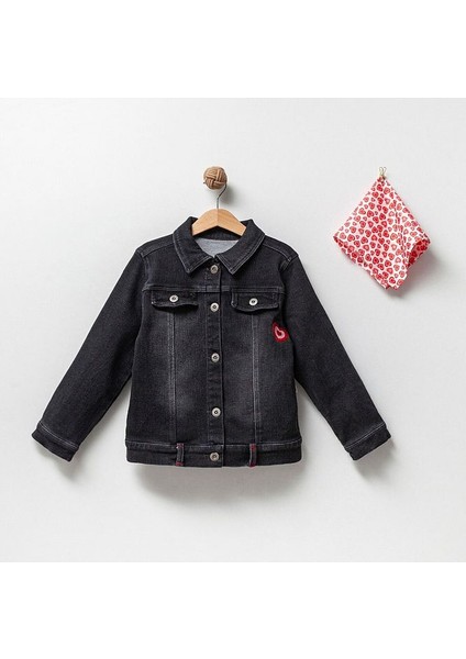 Kız Çocuk Bandanalı Sırt Tavşan Baskılı Pamuklu Kot Ceket