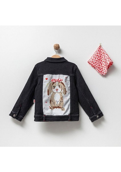 Kız Çocuk Bandanalı Sırt Tavşan Baskılı Pamuklu Kot Ceket modelleri