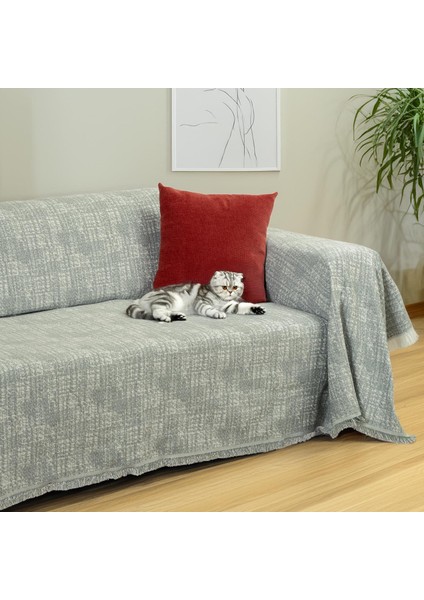 Purecot Premium Pamuklu Püsküllü Koltuk Örtüsü 180X220 Çift Taraflı Terletmez Kaymaz , Haki