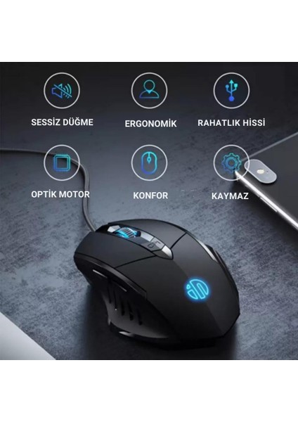 Profesyonel LED Işık 1200/7200DPI Kablolu Oyuncu Mouse Sessiz Tıklama Ergonomik Gaming Mouse